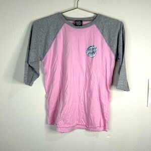Santa Cruz Youth Large Pink Gray Raglan Tee Skate Graphic T-Shirt Wave Logo